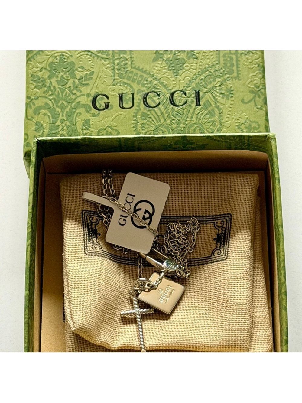 NEW GUCCI Cross and Square Tag Necklace - Gucci 925 Silver Double Pendant - Picture 2 of 9
